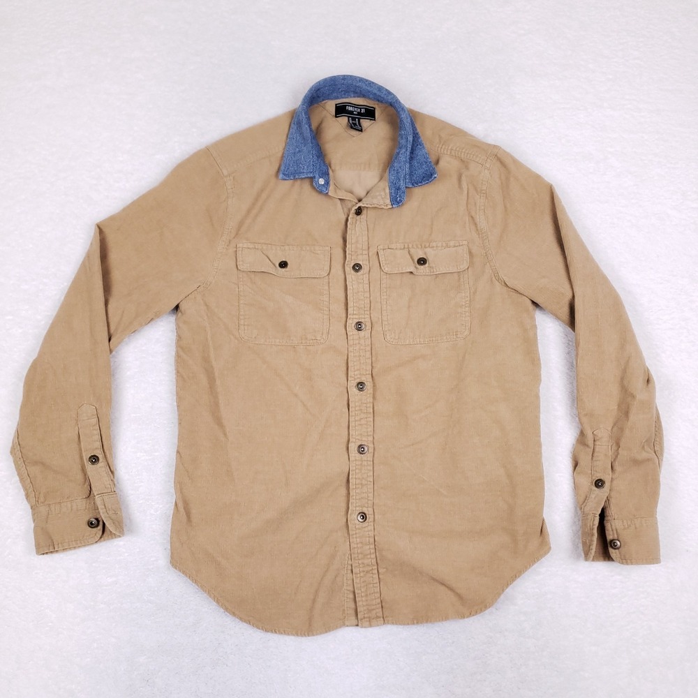 Forever 21 Men's Corduroy‎ Button Up Shirt Tan Long Sleeve Workwear Size M